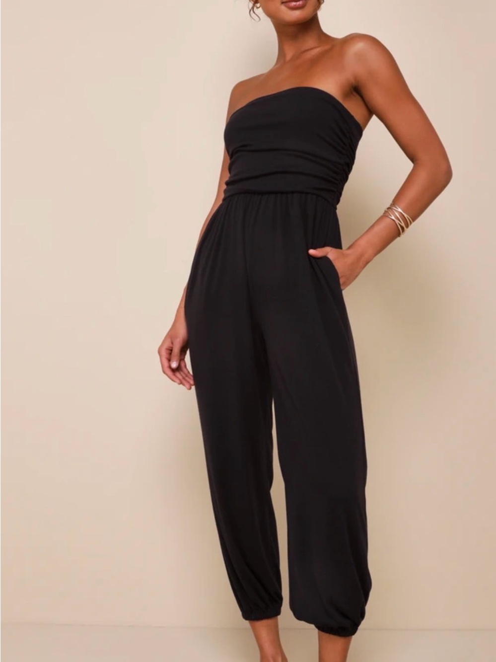Lulu's Black Strapless Jumpsuit with Elastic Ankles